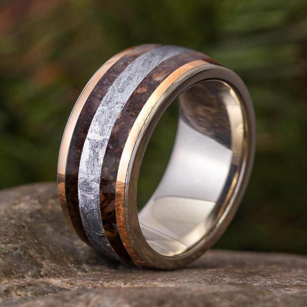 Dinosaur Bone & Meteorite Ring With Gold Stripes