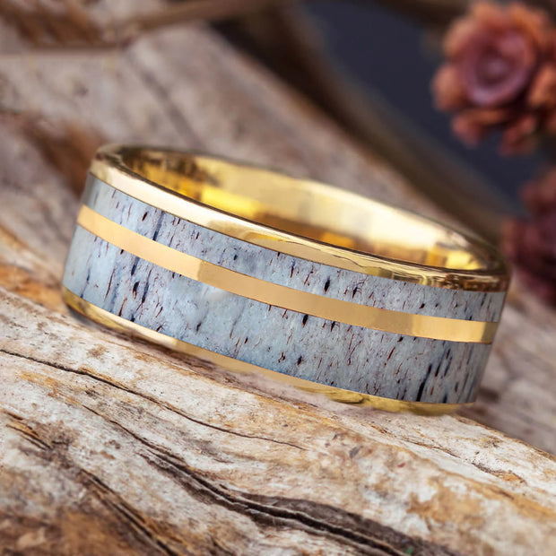 Solid Gold & Antler Men's Wedding Band
