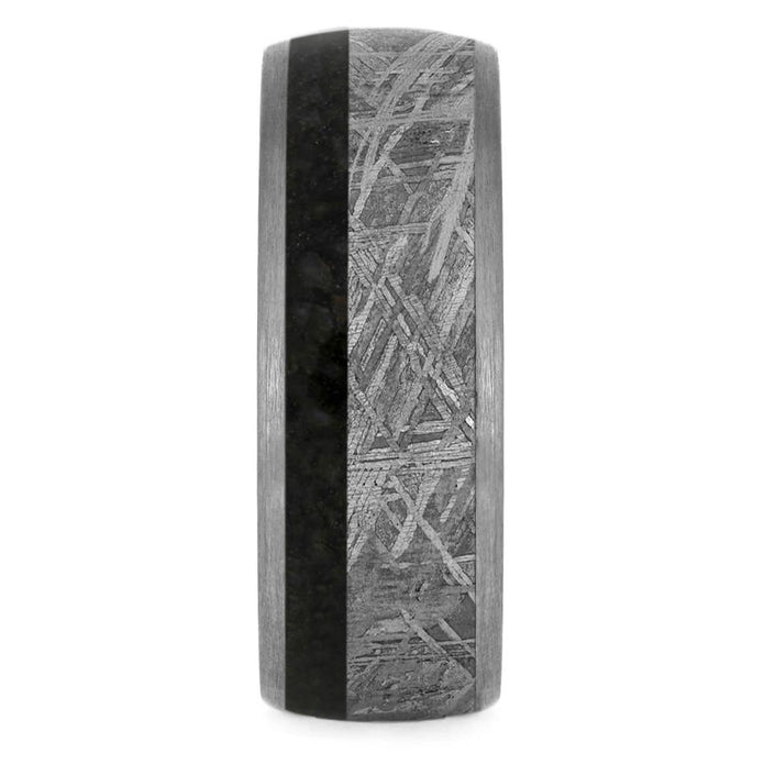 Meteorite Men's Wedding Band With Dinosaur Bone And Ruby Redwood Sleeve-2038 - Jewelry by Johan