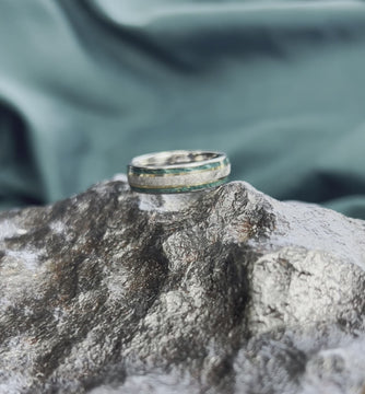 Meteorite & Green Wood Men's Wedding Band With Gold Stripes