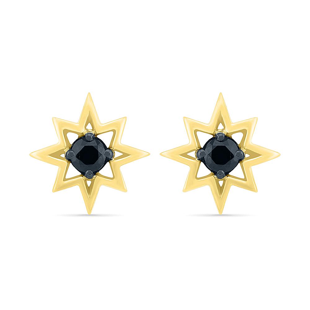 Star Stud Earrings With Black Diamond, Yellow Gold or Silver-SHEQ207771 - Jewelry by Johan