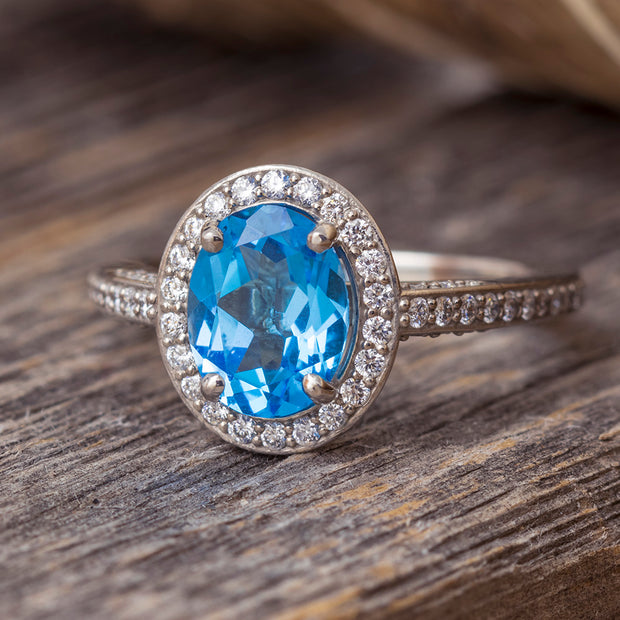 Swiss Blue Topaz Engagement Ring With Diamond Halo In White Gold-2084 - Jewelry by Johan