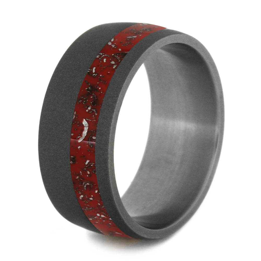 Red Stardust™ Men's Wedding Band In Sandblasted Titanium-2113 - Jewelry by Johan