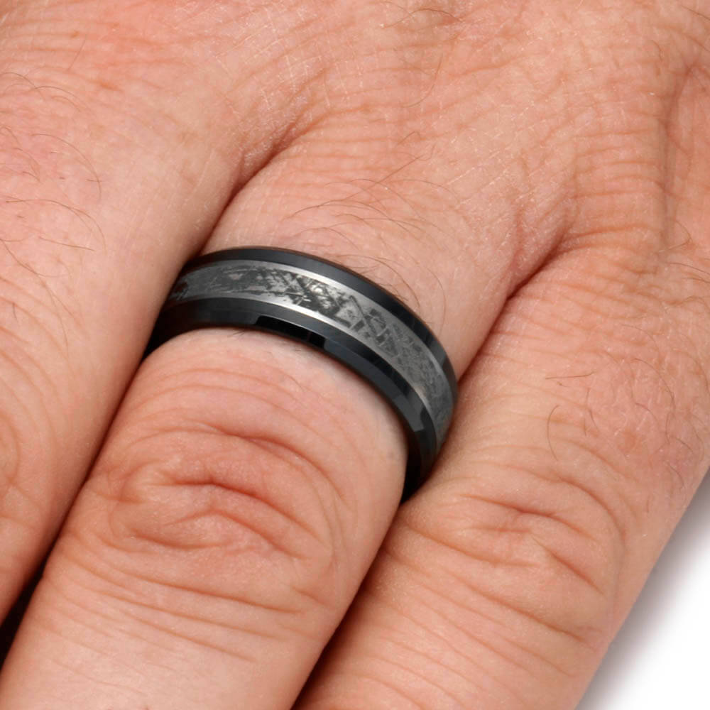 Black Ceramic Men's Wedding Band With Mimetic Meteorite-2116 - Jewelry by Johan