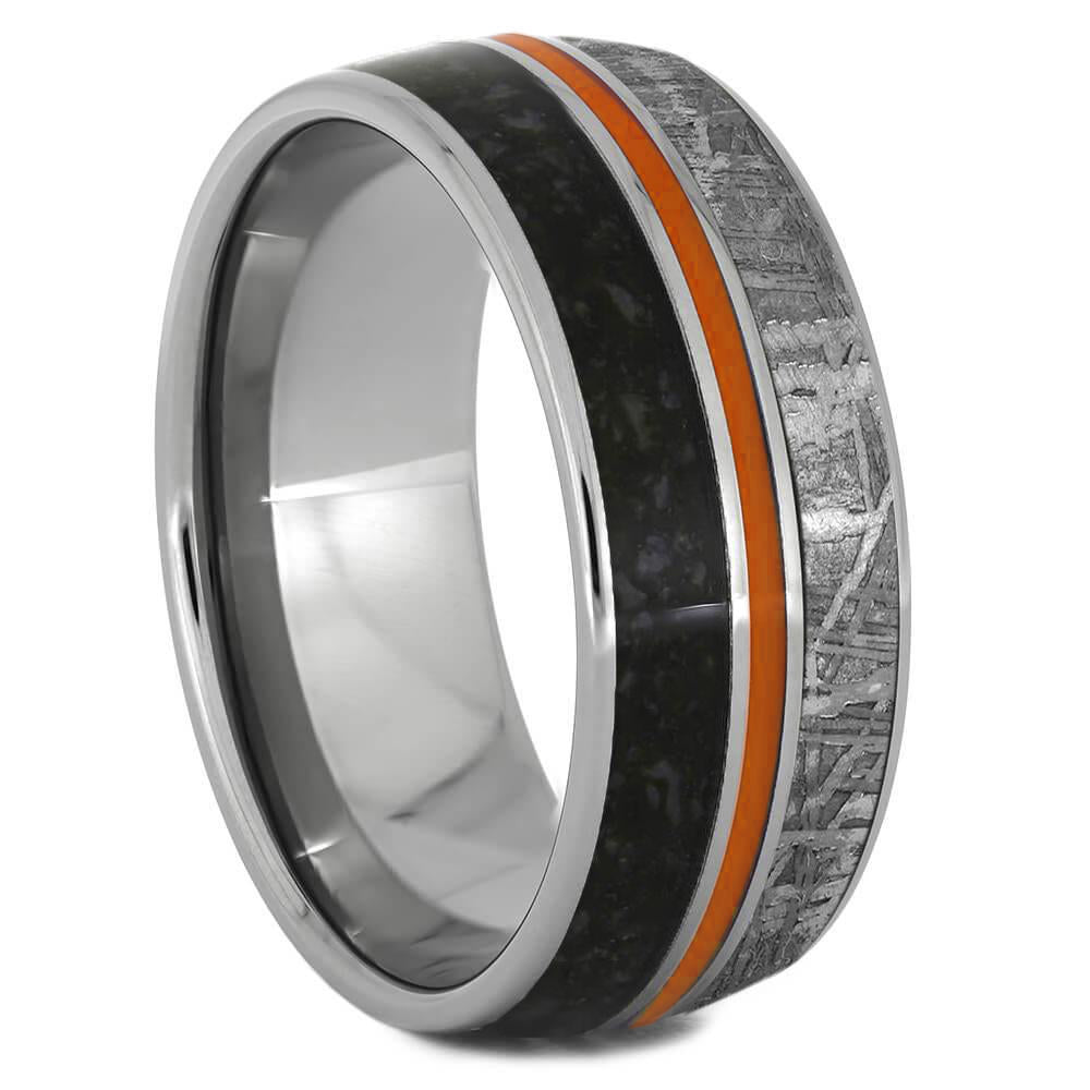 Titanium Ring With Dinosaur Bone, Meteorite & Orange Enamel-2122 - Jewelry by Johan