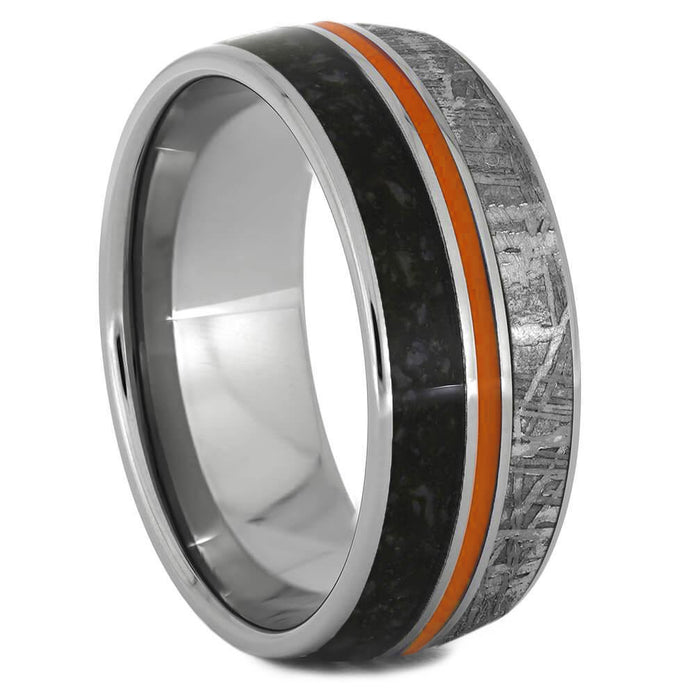 Titanium Ring With Dinosaur Bone, Meteorite & Orange Enamel-2122 - Jewelry by Johan
