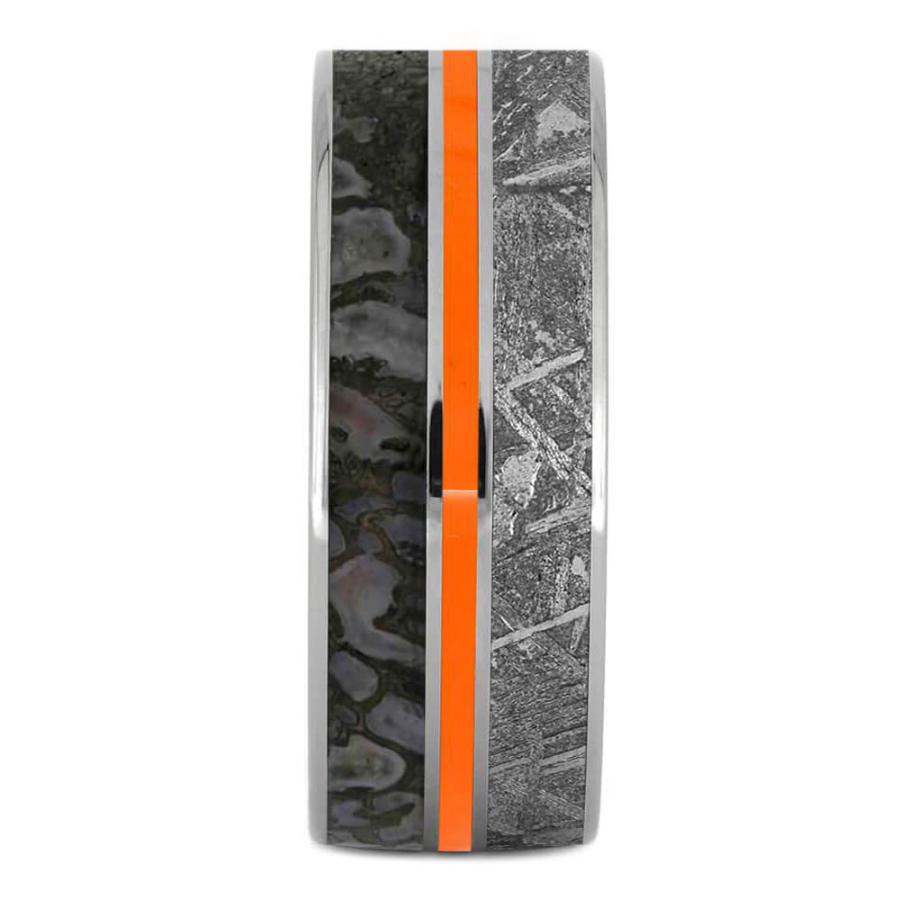 Titanium Ring With Dinosaur Bone, Meteorite & Orange Enamel-2122 - Jewelry by Johan