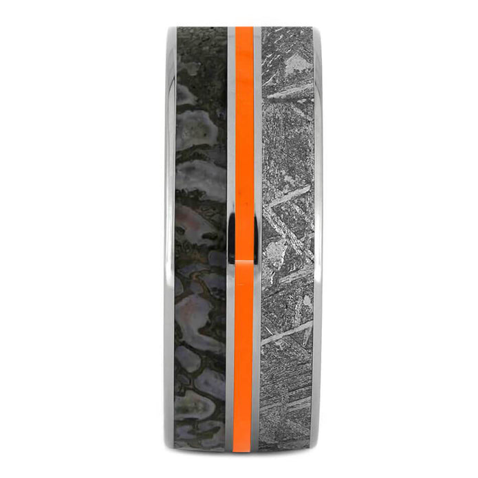 Titanium Ring With Dinosaur Bone, Meteorite & Orange Enamel-2122 - Jewelry by Johan