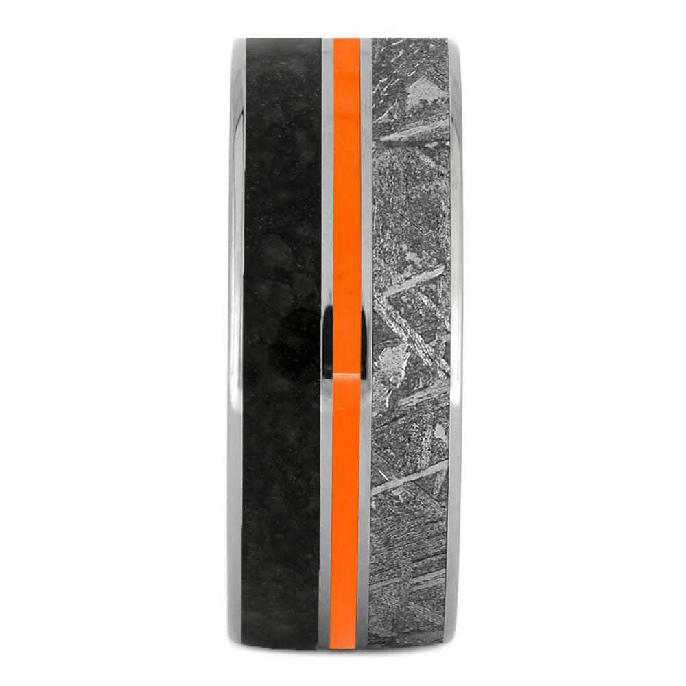 Titanium Ring With Dinosaur Bone, Meteorite & Orange Enamel-2122 - Jewelry by Johan
