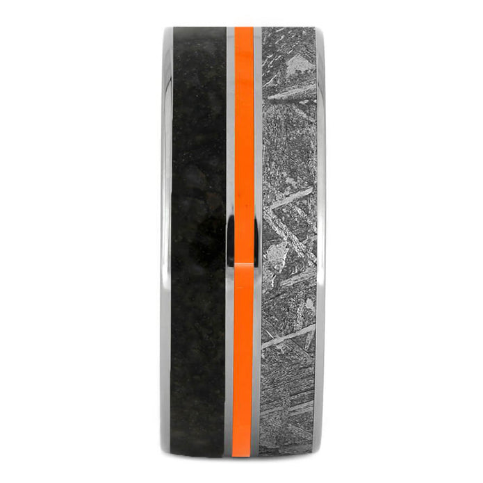 Titanium Ring With Dinosaur Bone, Meteorite & Orange Enamel-2122 - Jewelry by Johan