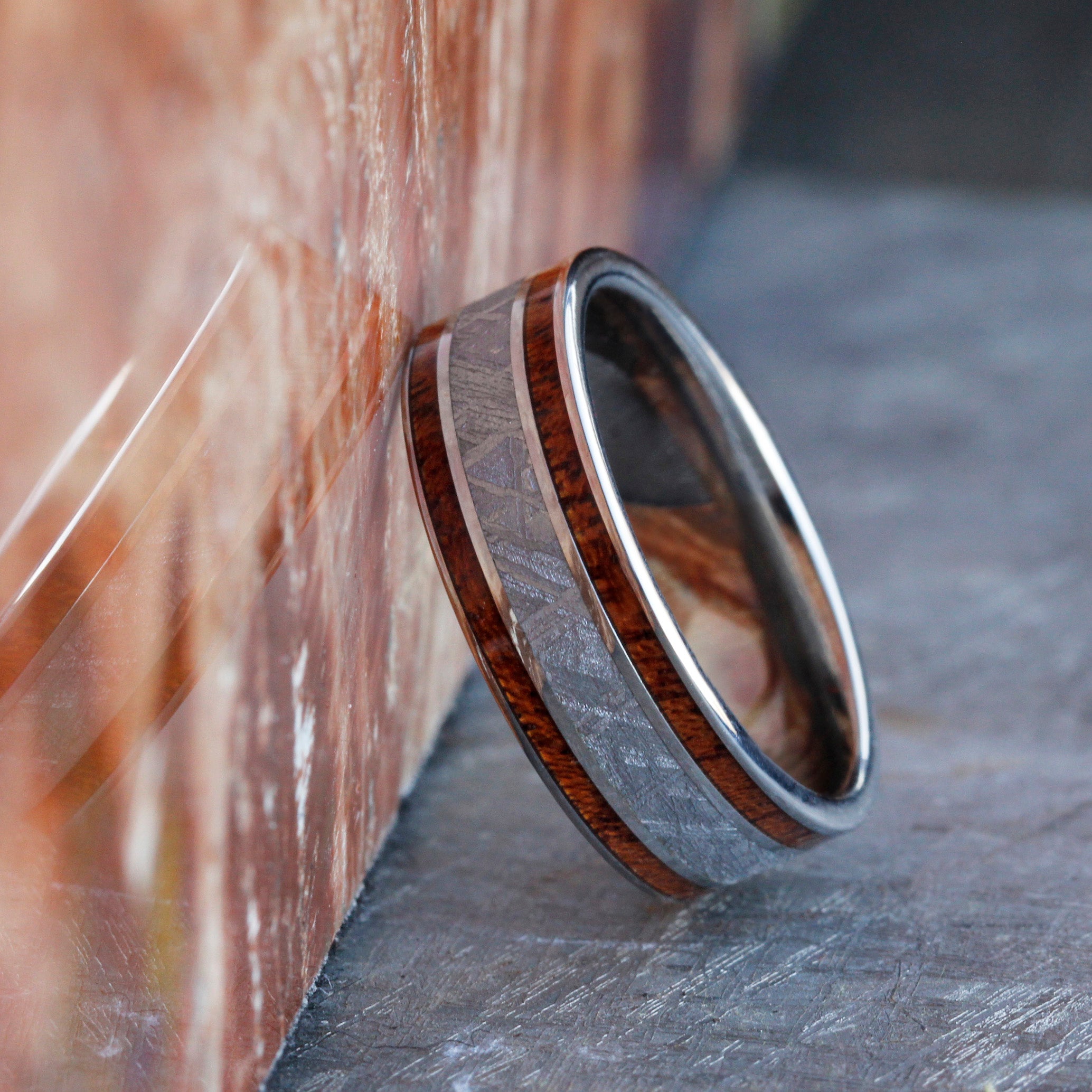 Wood And Meteorite Ring With Mahogany Wood Inlay-2134 - Jewelry by Johan