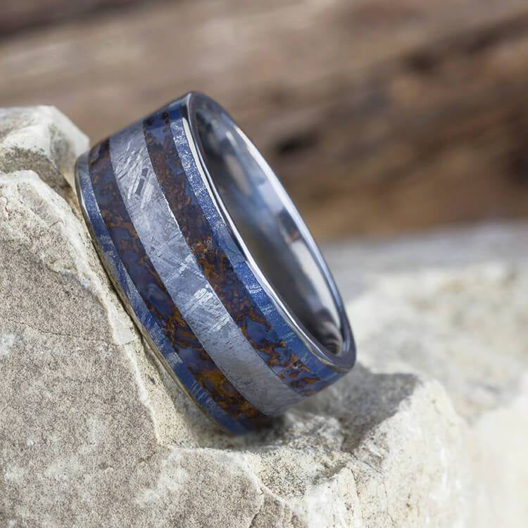 Mens Wedding Band With Meteorite And Dinosaur Bone, Fossil Ring-2143 - Jewelry by Johan