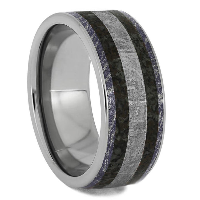 Mens Wedding Band With Meteorite And Dinosaur Bone, Fossil Ring-2143 - Jewelry by Johan