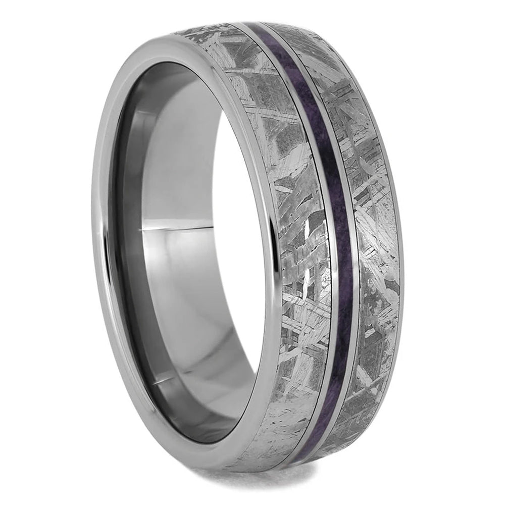 Meteorite Men's Wedding Band With Thin Purple Pinstripe - Jewelry by Johan