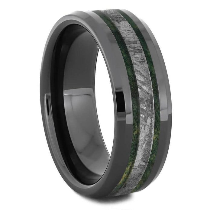 Black Ceramic Wedding Band with Meteorite