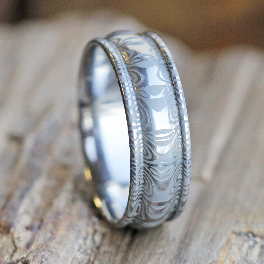 Stainless Steel Damascus Ring with Radius Edge Dome Profile - Jewelry by Johan