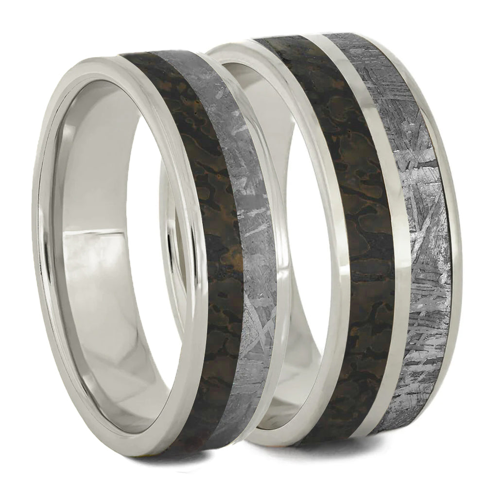 Matching Wedding Bands With Meteorite & Dinosaur Bone