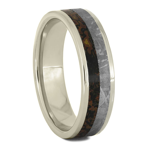 White Gold Men's Wedding Band With Meteorite Dinosaur Bone & Wood