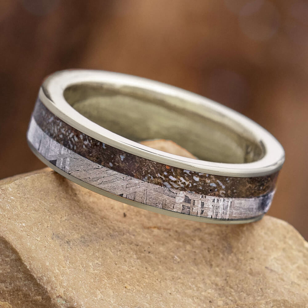 White Gold Men's Wedding Band with Meteorite and Dinosaur Bone