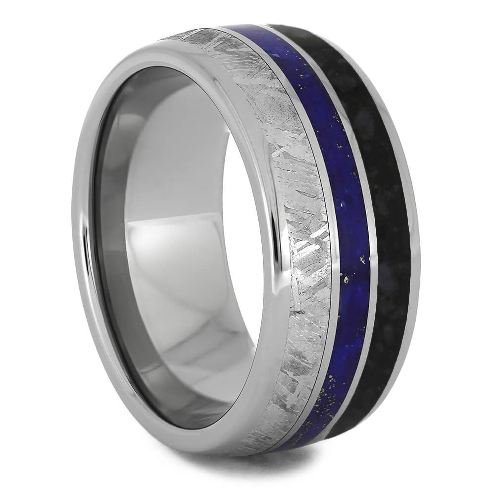 Meteorite Ring With Dinosaur Bone And Lapis Lazuli In Titanium-2172 - Jewelry by Johan