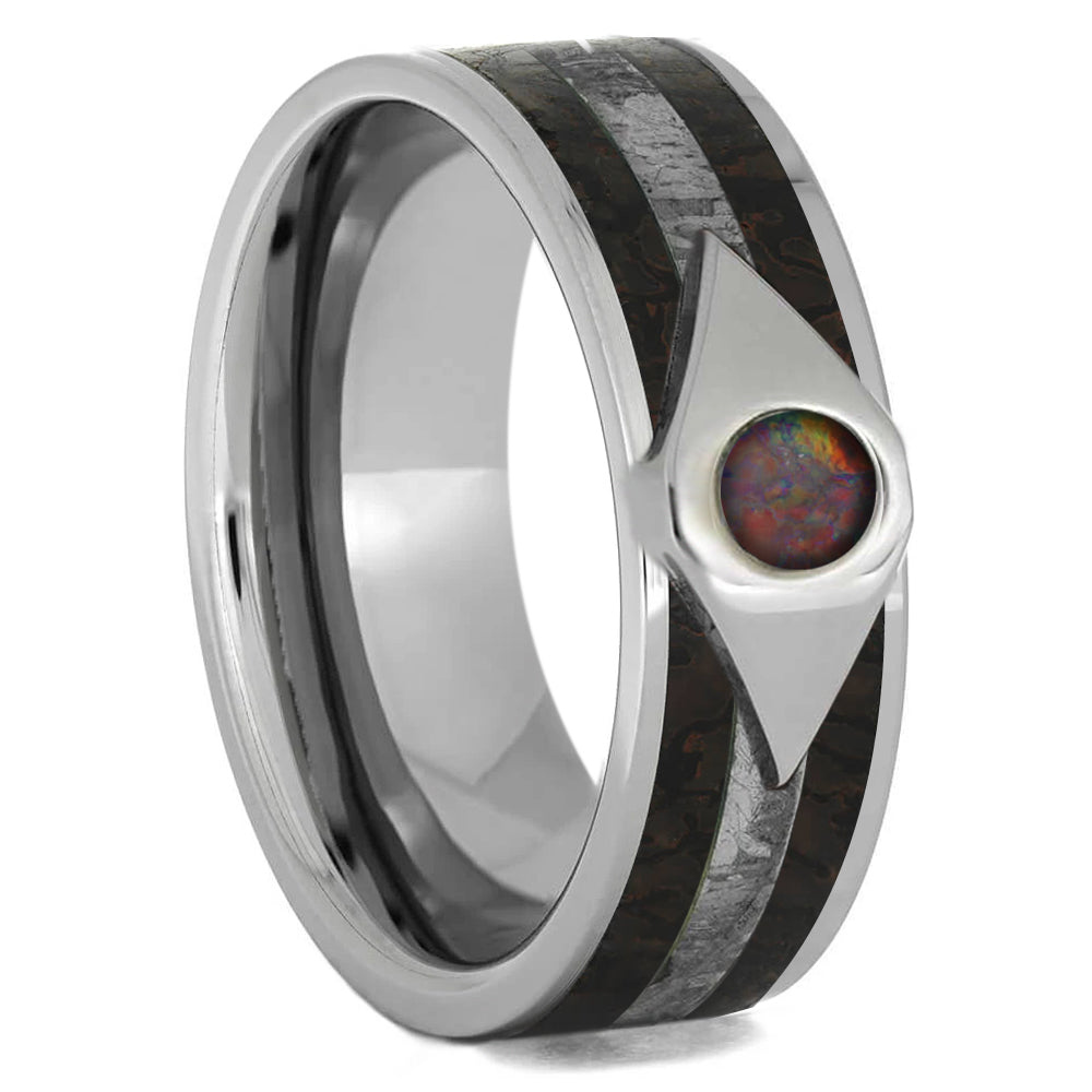 Black Fire Opal Ring With Dinosaur Bone And Meteorite Inlays - Jewelry by Johan