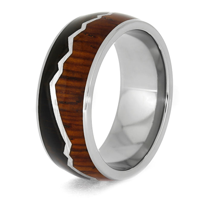 Titanium Mountain Ring with Dark Cherry Burl and Cocobolo Wood-3950 - Jewelry by Johan