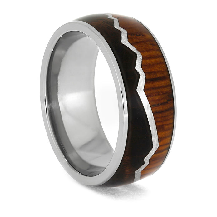 Titanium Mountain Ring with Dark Cherry Burl and Cocobolo Wood-3950 - Jewelry by Johan