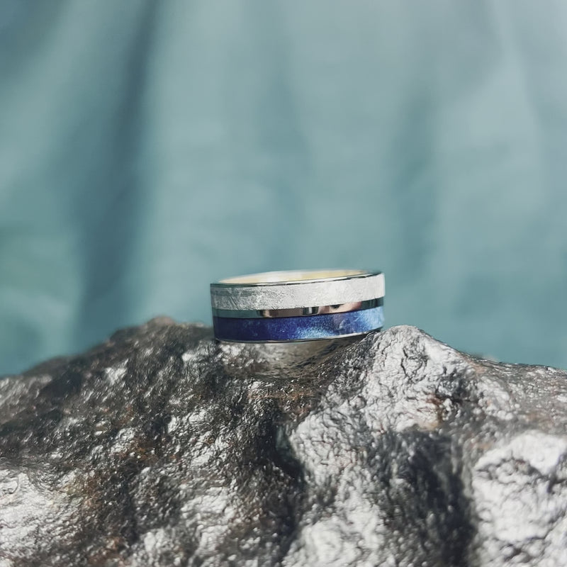 Meteorite, Blue Box Elder Burl, And Titanium Ring With Whiskey Wood Sleeve