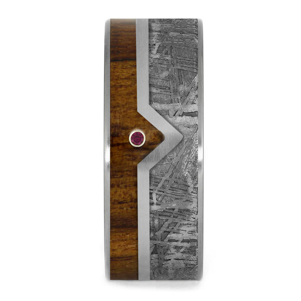 Ruby Wedding Band with Meteorite and Mahogany Wood - Jewelry by Johan