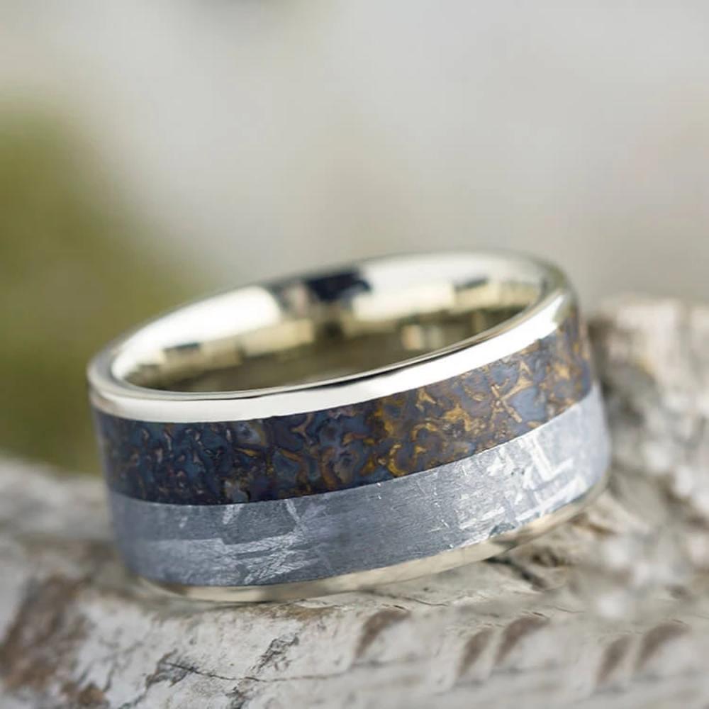 White Gold Men's Wedding Band With Meteorite and Dinosaur Bone-2546 - Jewelry by Johan