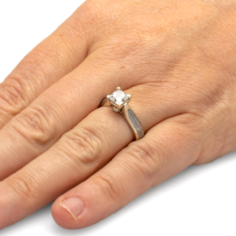 White Gold Meteorite Engagement Ring With Princess Cut Moissanite-2251 - Jewelry by Johan