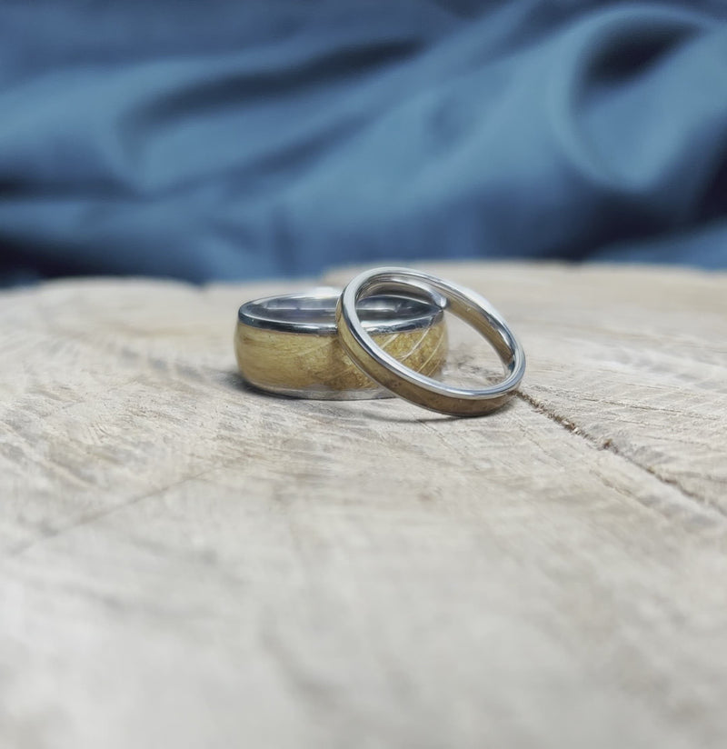 Whiskey Barrel Oak Wood His & Hers Titanium Rings