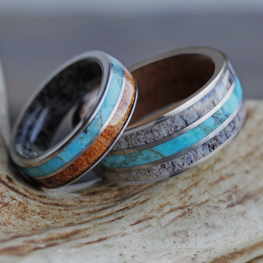 Antler Turquoise and Wood Ring Set