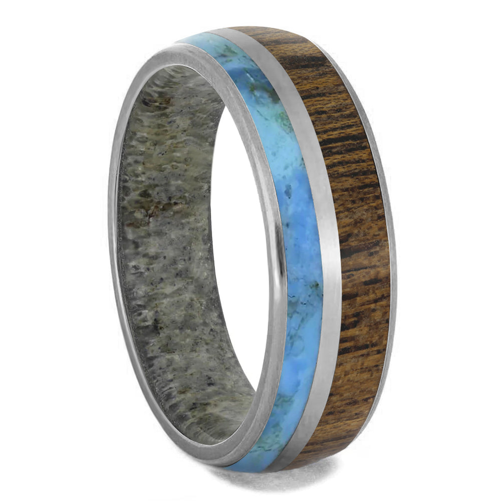 Antler Wood & Turquoise Wedding Band With Matte Finish