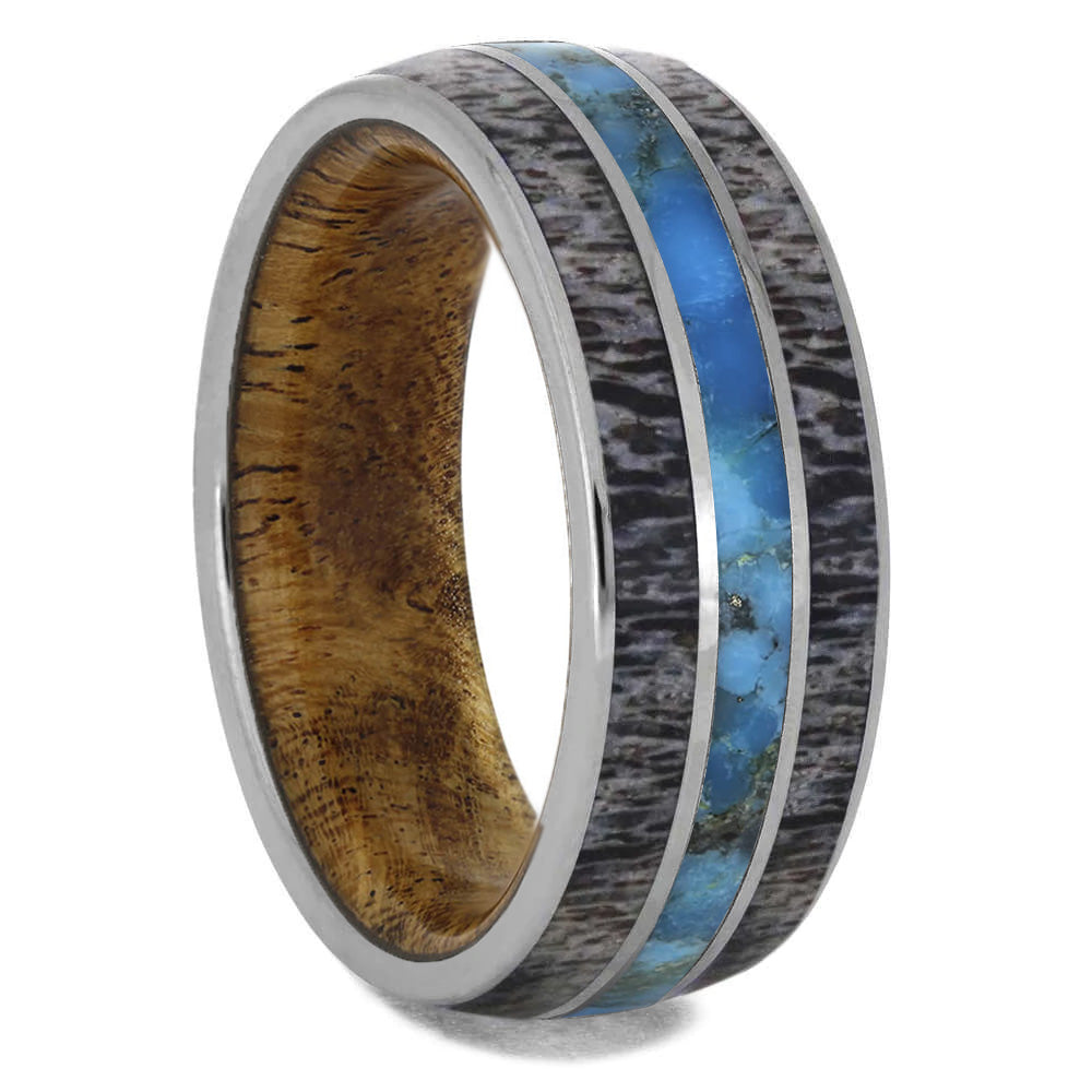 Turquoise Men's Wedding Band with Wood and Antler