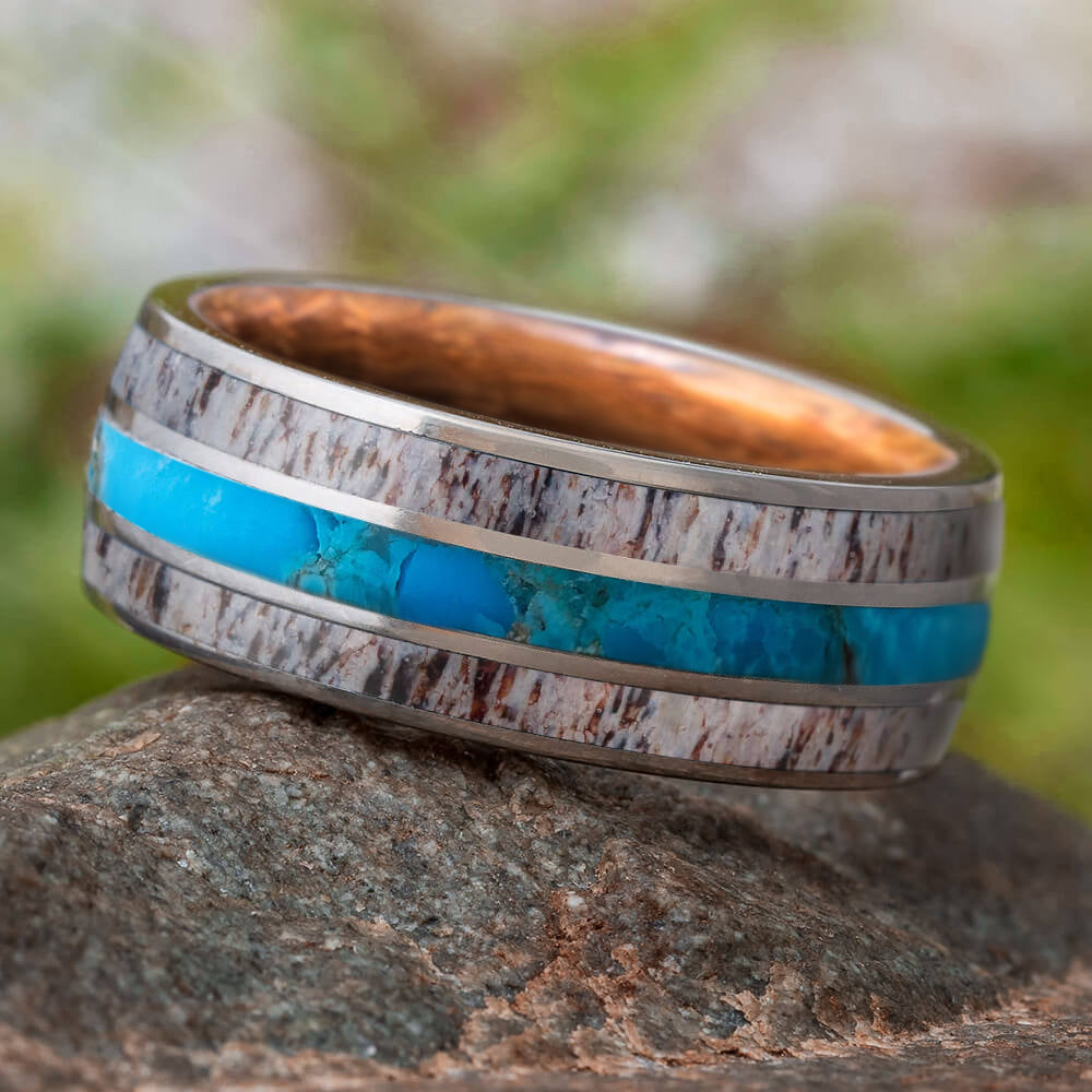 Turquoise Men's Wedding Band with Wood and Antler