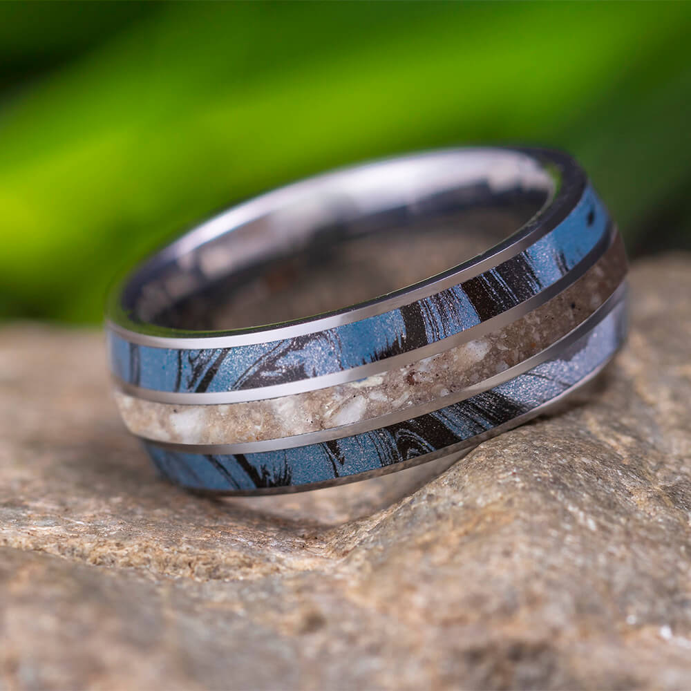 Cremation Ring With Ashes and Blue Mokume