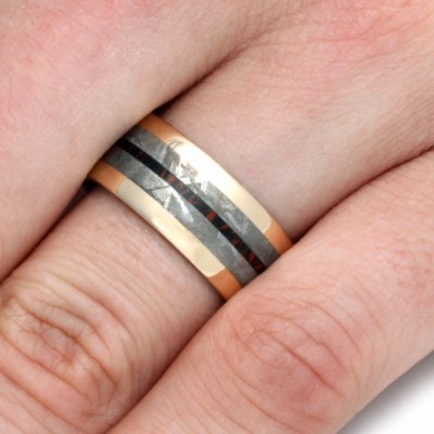 Yellow Gold Wedding Band with Meteorite and Mokume-2195 - Jewelry by Johan