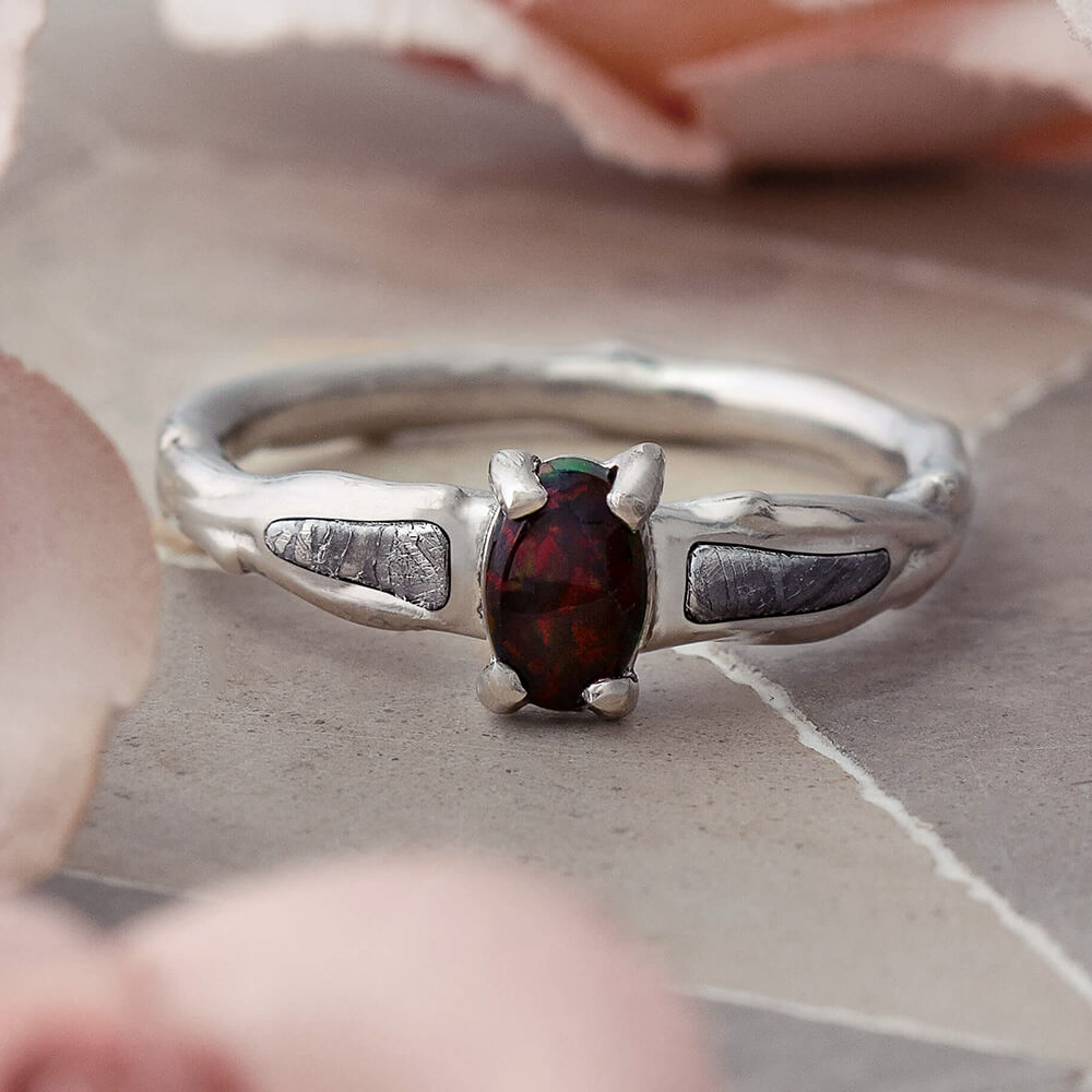 Black Opal Platinum Engagement Ring, Meteorite Ring With Branch Design - Jewelry by Johan