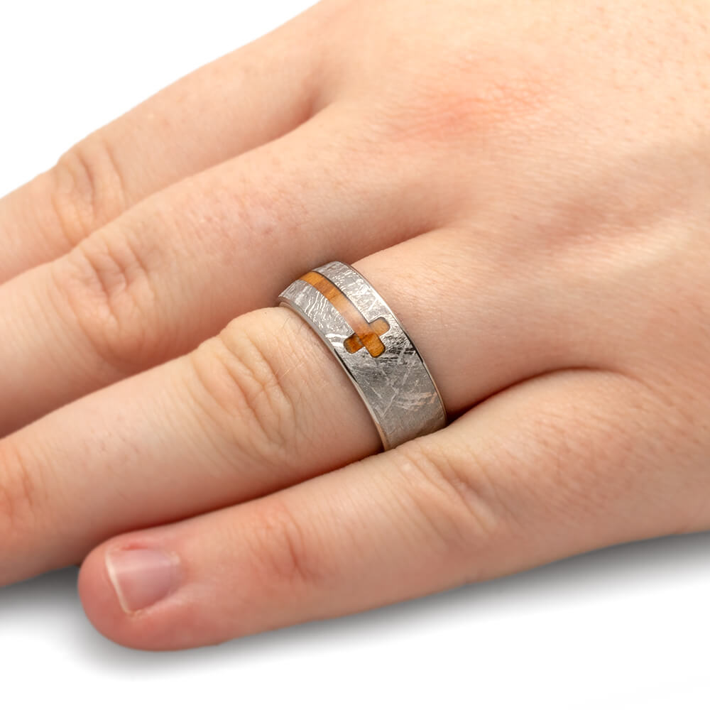 Olive Wood Cross Ring, Gibeon Meteorite Ring With Titanium-2291 - Jewelry by Johan