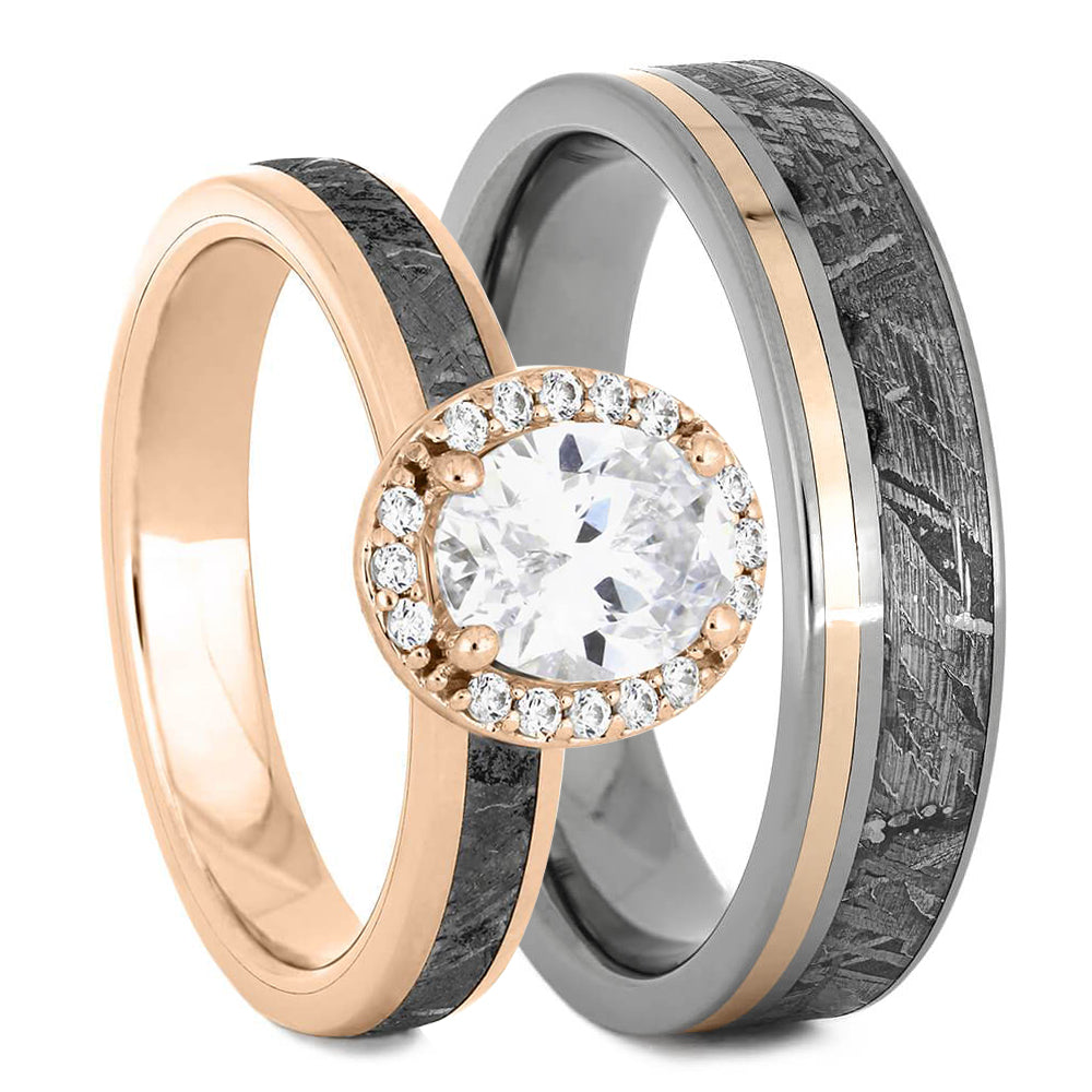 His & Hers Rose Gold & Meteorite Wedding Ring Set