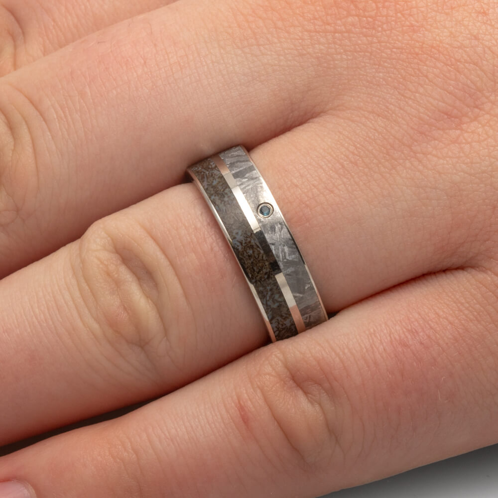 Men's Platinum Wedding Ring With Meteorite, Dinosaur Bone and Aquamarine-2330 - Jewelry by Johan