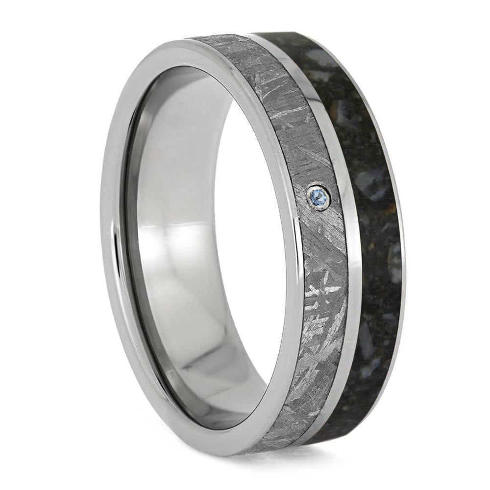 Men's Platinum Wedding Ring With Meteorite, Dinosaur Bone and Aquamarine-2330 - Jewelry by Johan