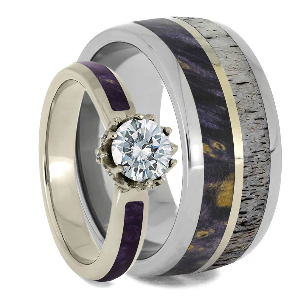 Purple Wood Wedding Ring Set with Moissanite Engagement Ring