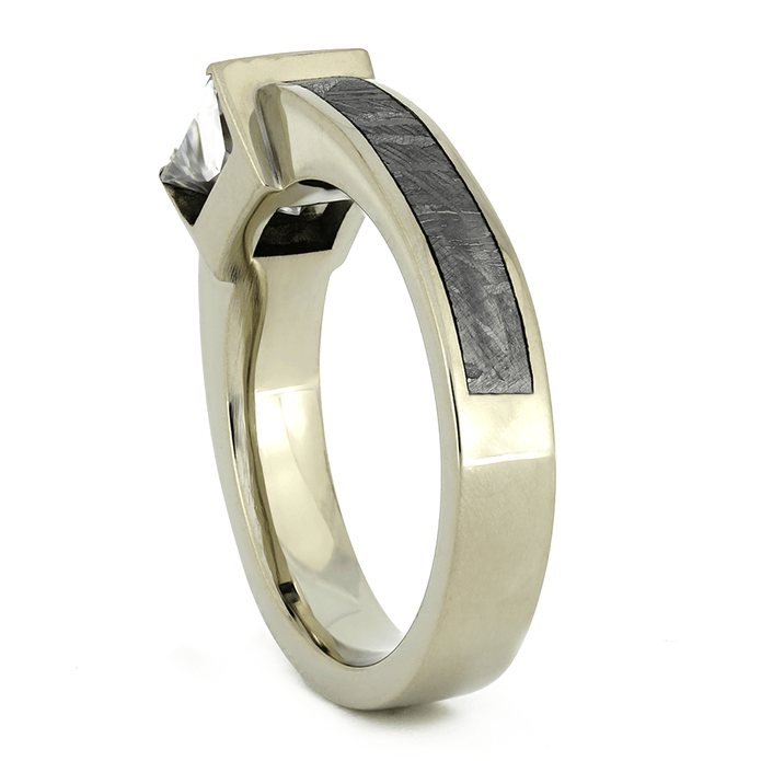 Meteorite Engagement Ring With Princess Cut Moissanite, White Gold-2339 - Jewelry by Johan