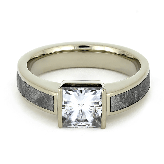 Meteorite Engagement Ring With Princess Cut Moissanite, White Gold-2339 - Jewelry by Johan