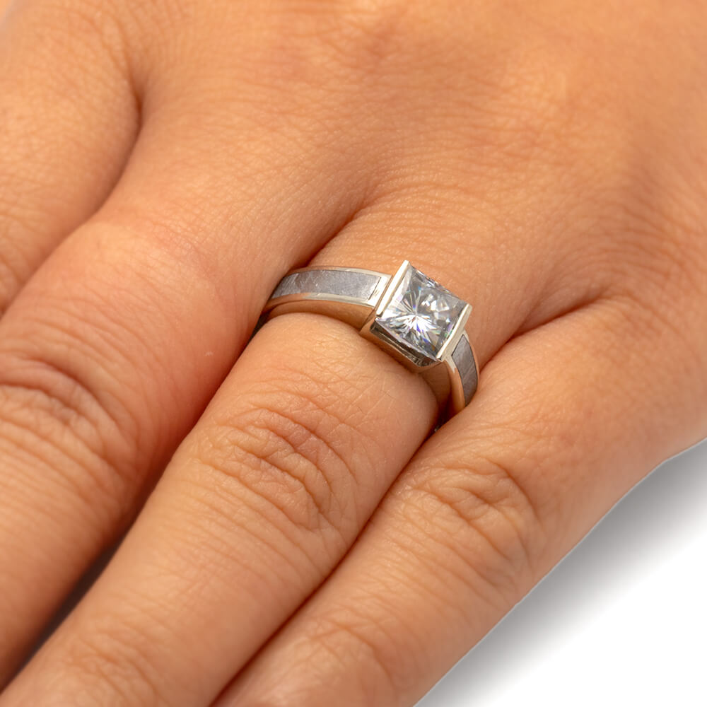 Meteorite Engagement Ring With Princess Cut Moissanite, White Gold-2339 - Jewelry by Johan