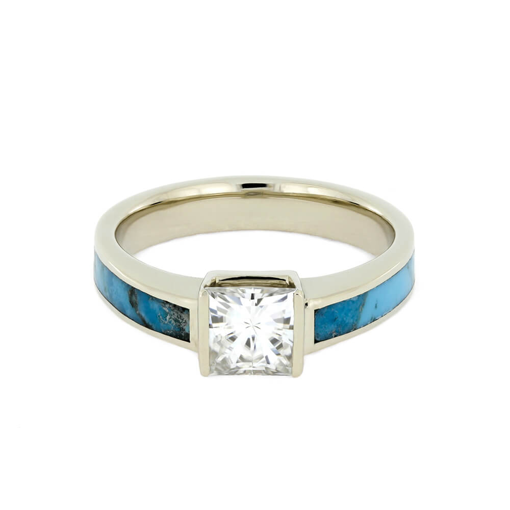 Turquoise Engagement Ring With Princess Cut Moissanite, White Gold-2340 - Jewelry by Johan