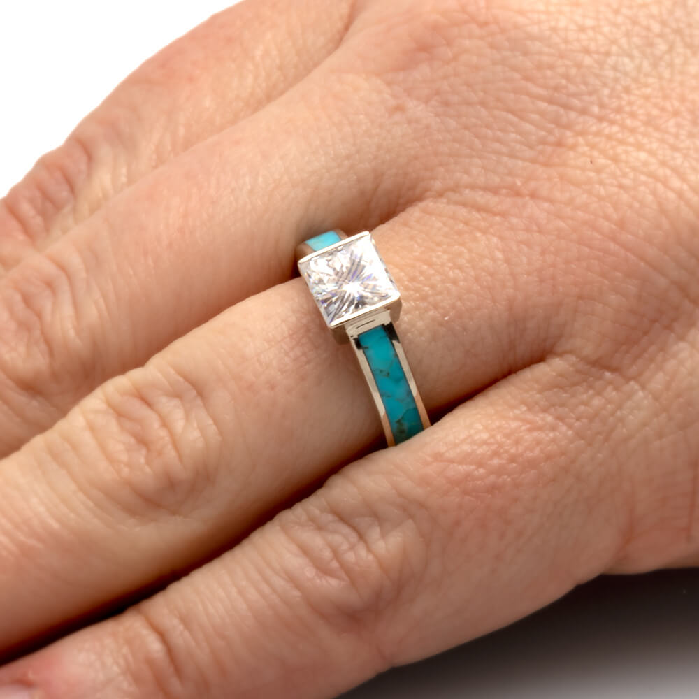 Turquoise Engagement Ring With Princess Cut Moissanite, White Gold-2340 - Jewelry by Johan