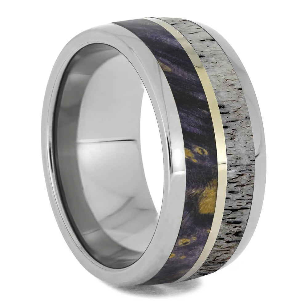 Purple Wood & Antler Wedding Band With Gold Pinstripe - Jewelry by Johan